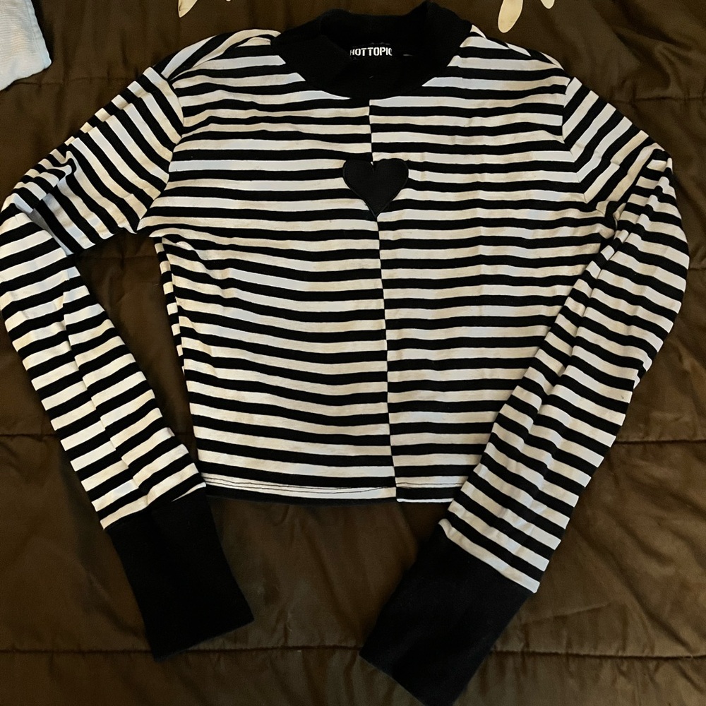 Hot Topic Black and White Striped Top with Heart
